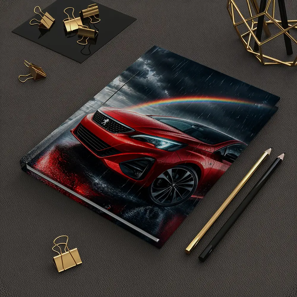 Peugeot Red Car Rainy Road Rainbow Sky – Notebooks