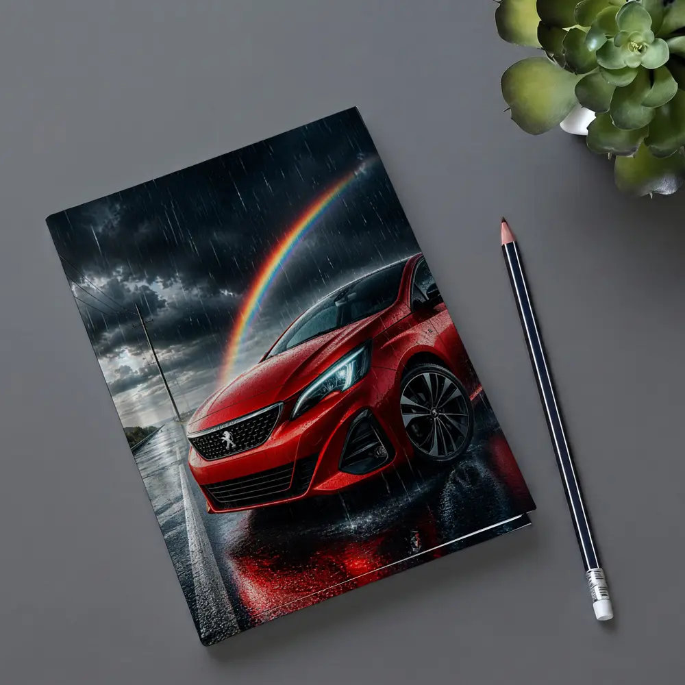 Peugeot Red Car Rainy Road Rainbow Sky – Notebooks