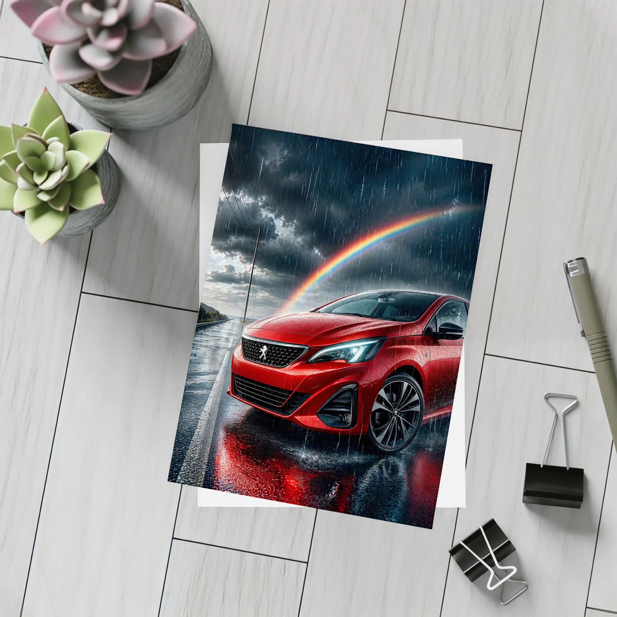Peugeot Red Car Rainy Road Rainbow Sky – Postcards