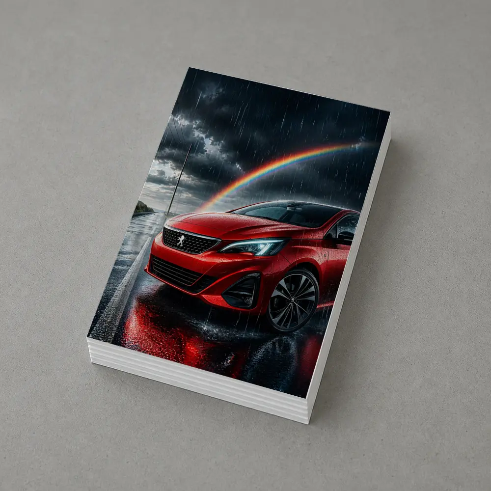 Peugeot Red Car Rainy Road Rainbow Sky – Postcards