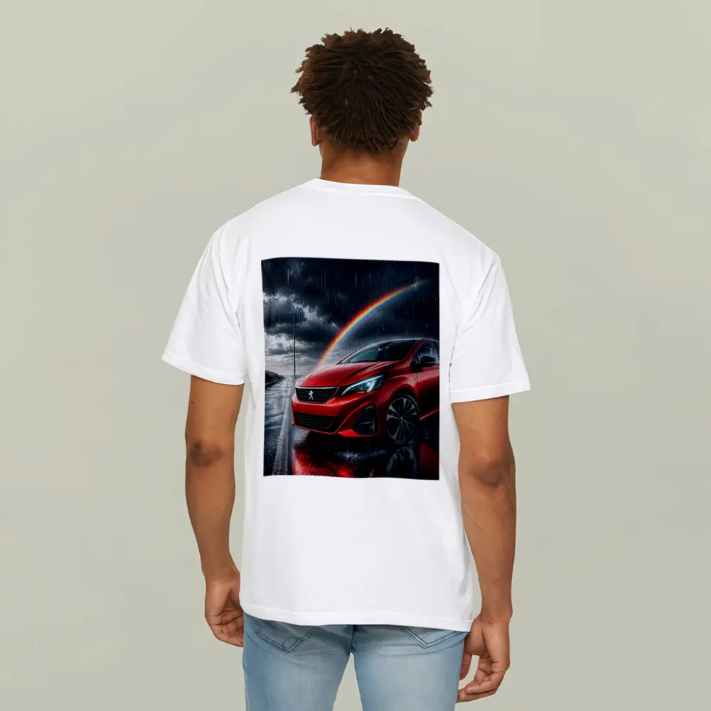 Peugeot Red Car Rainy Road Rainbow Sky – T-Shirts