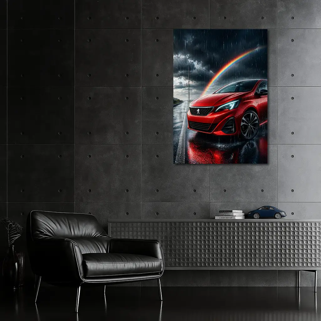 Peugeot Red Car Rainy Road Rainbow Sky