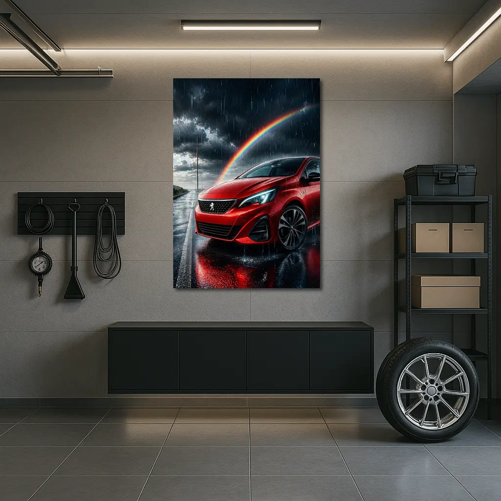 Peugeot Red Car Rainy Road Rainbow Sky – Wall Art