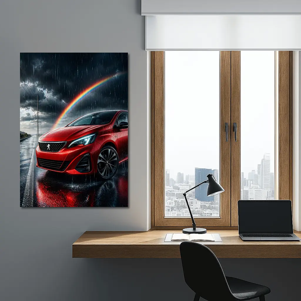 Peugeot Red Car Rainy Road Rainbow Sky – Wall Art