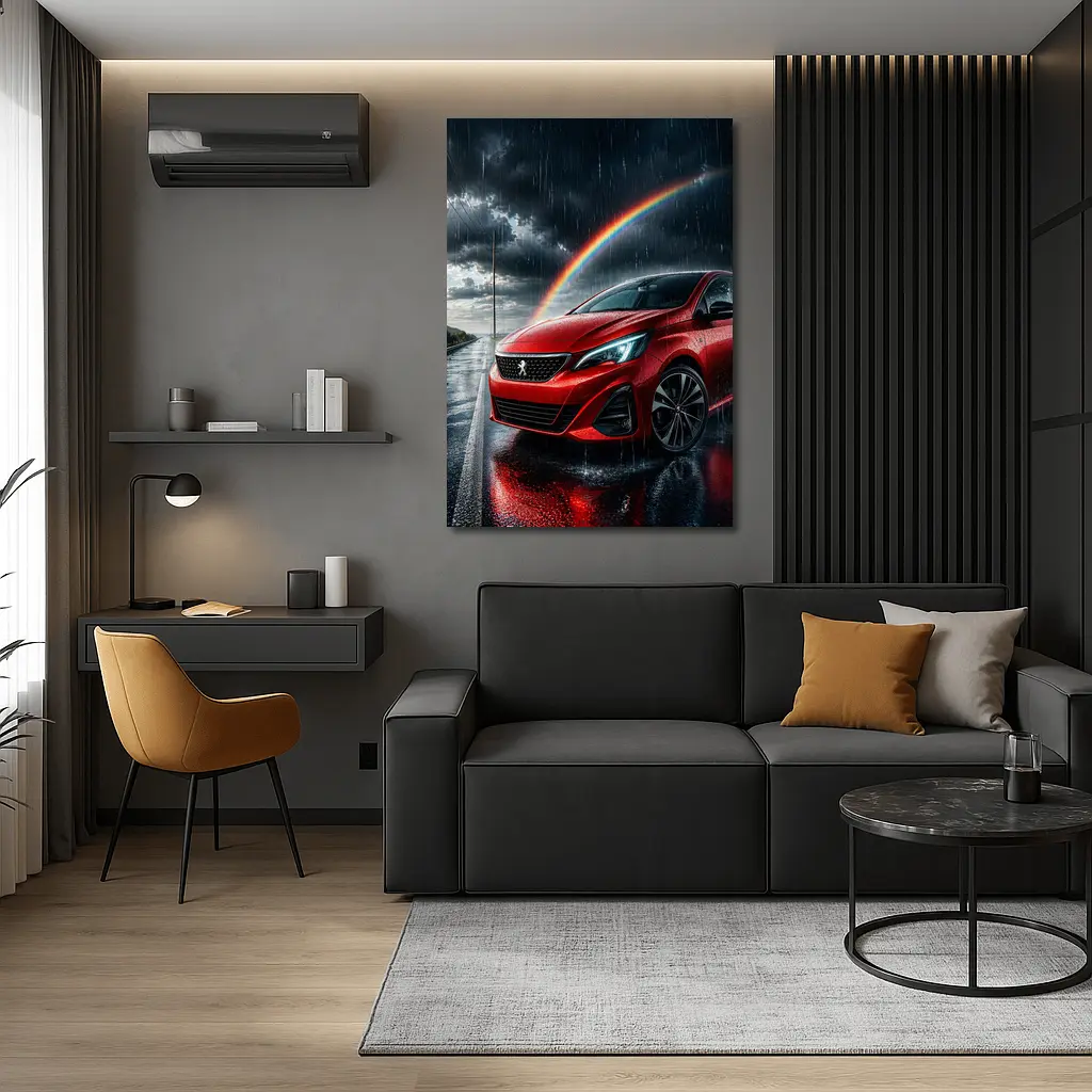 Peugeot Red Car Rainy Road Rainbow Sky – Wall Art