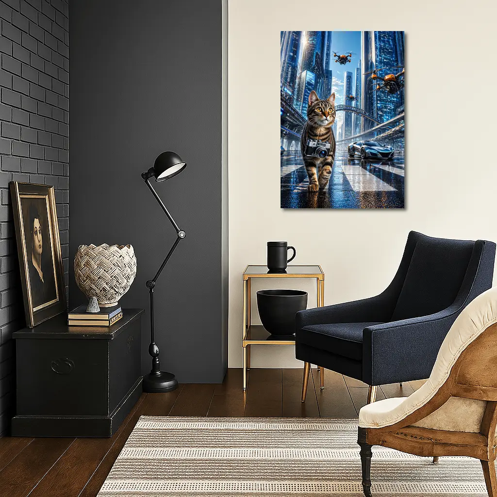 Tabby Cat Photographer Futuristic City Drones – Wall Art