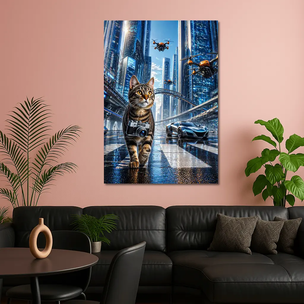 Tabby Cat Photographer Futuristic City Drones – Wall Art