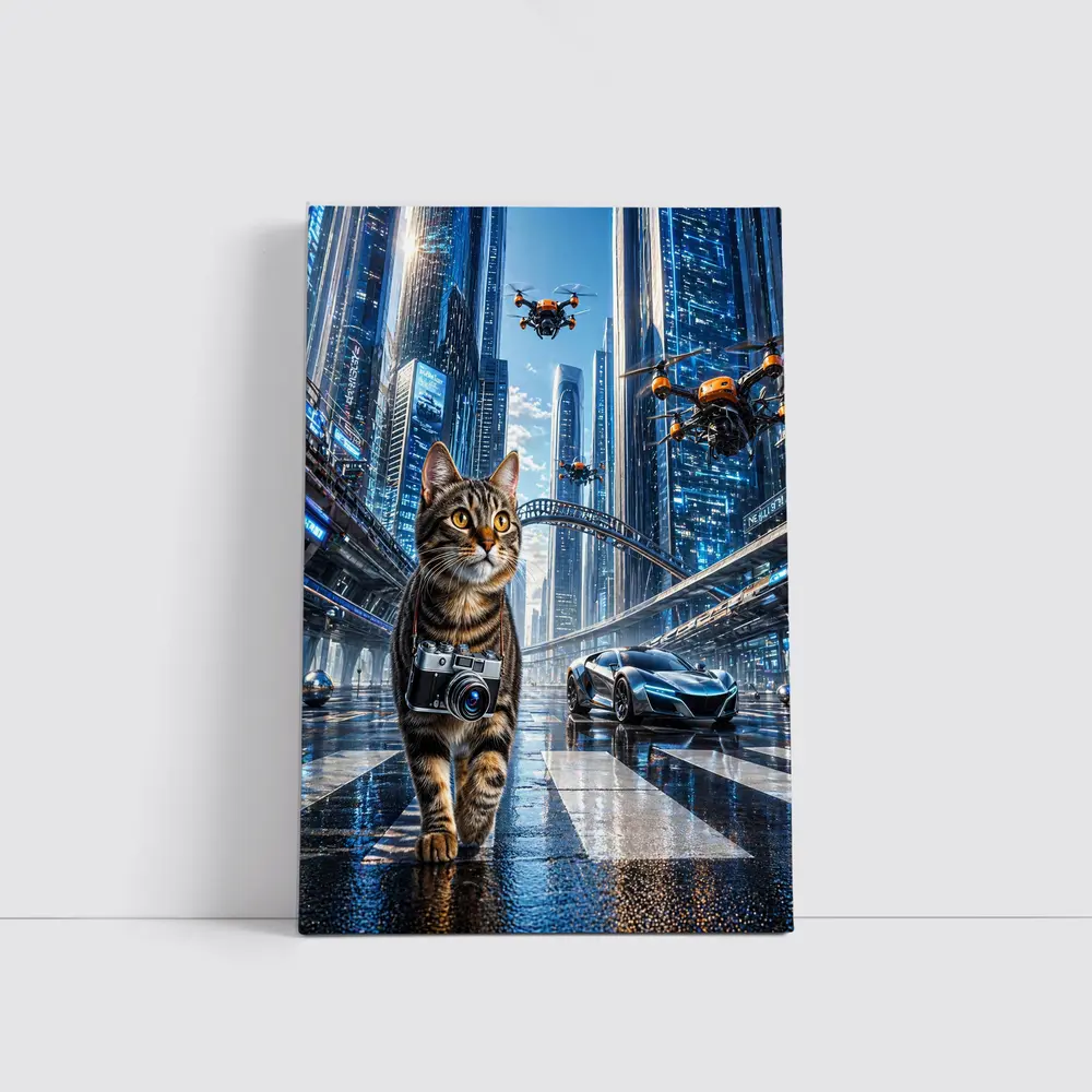 Tabby Cat Photographer Futuristic City Drones – Wall Art