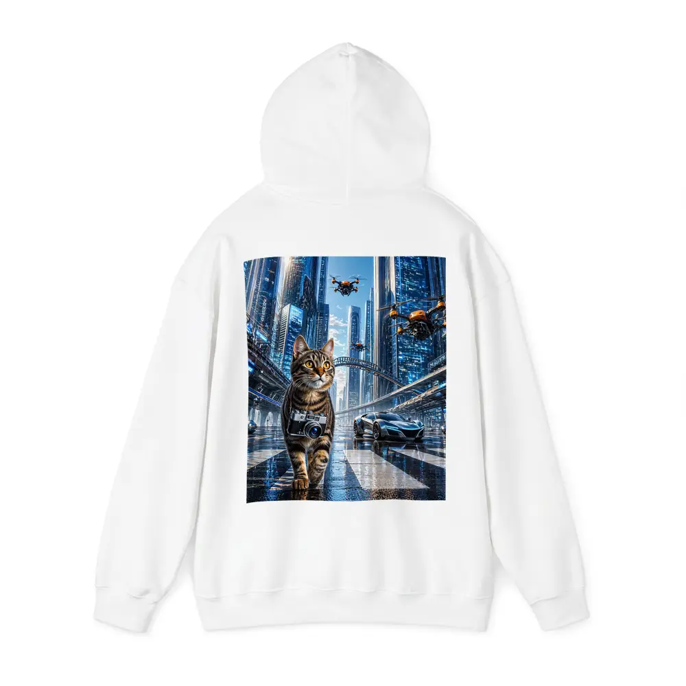 Tabby Cat Photographer Futuristic City Drones – Hoodies
