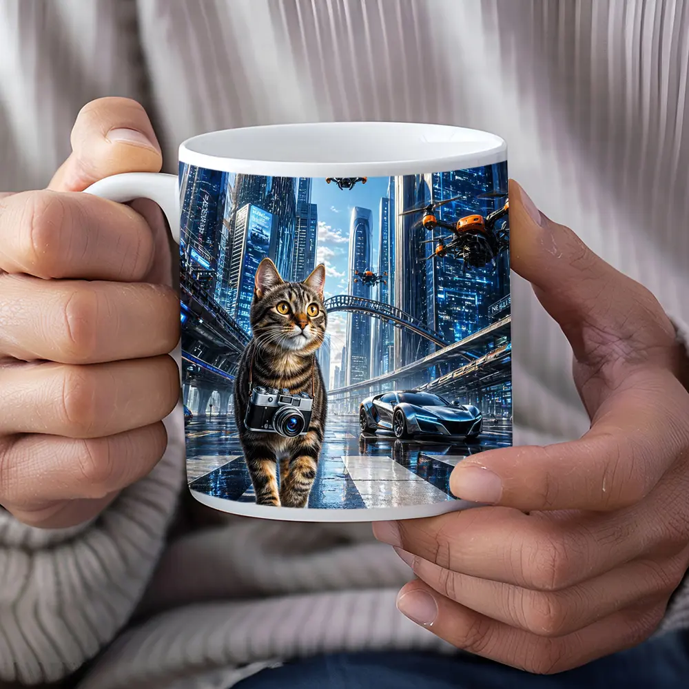 Tabby Cat Photographer Futuristic City Drones – Mugs