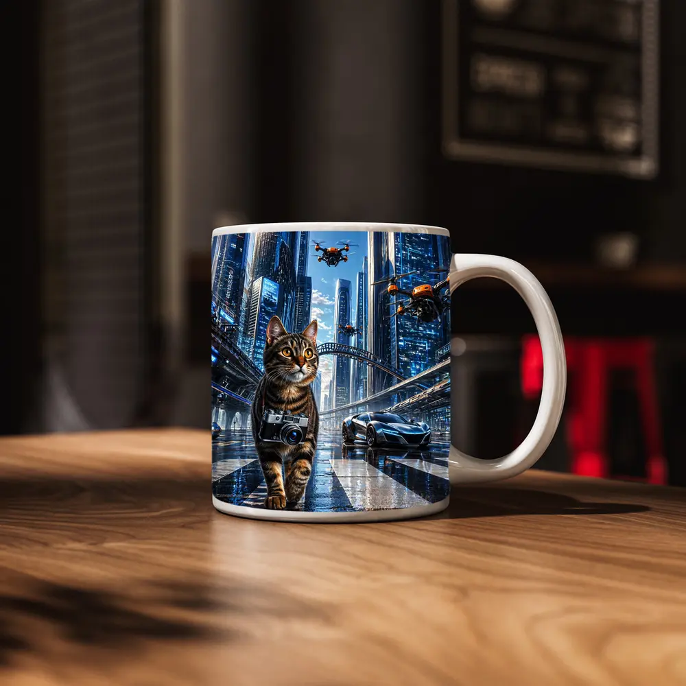 Tabby Cat Photographer Futuristic City Drones – Mugs