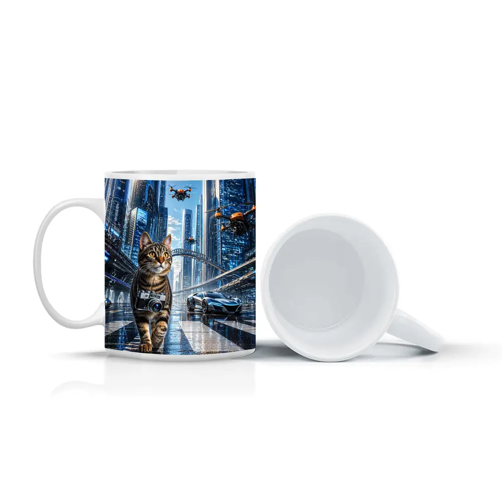 Tabby Cat Photographer Futuristic City Drones – Mugs