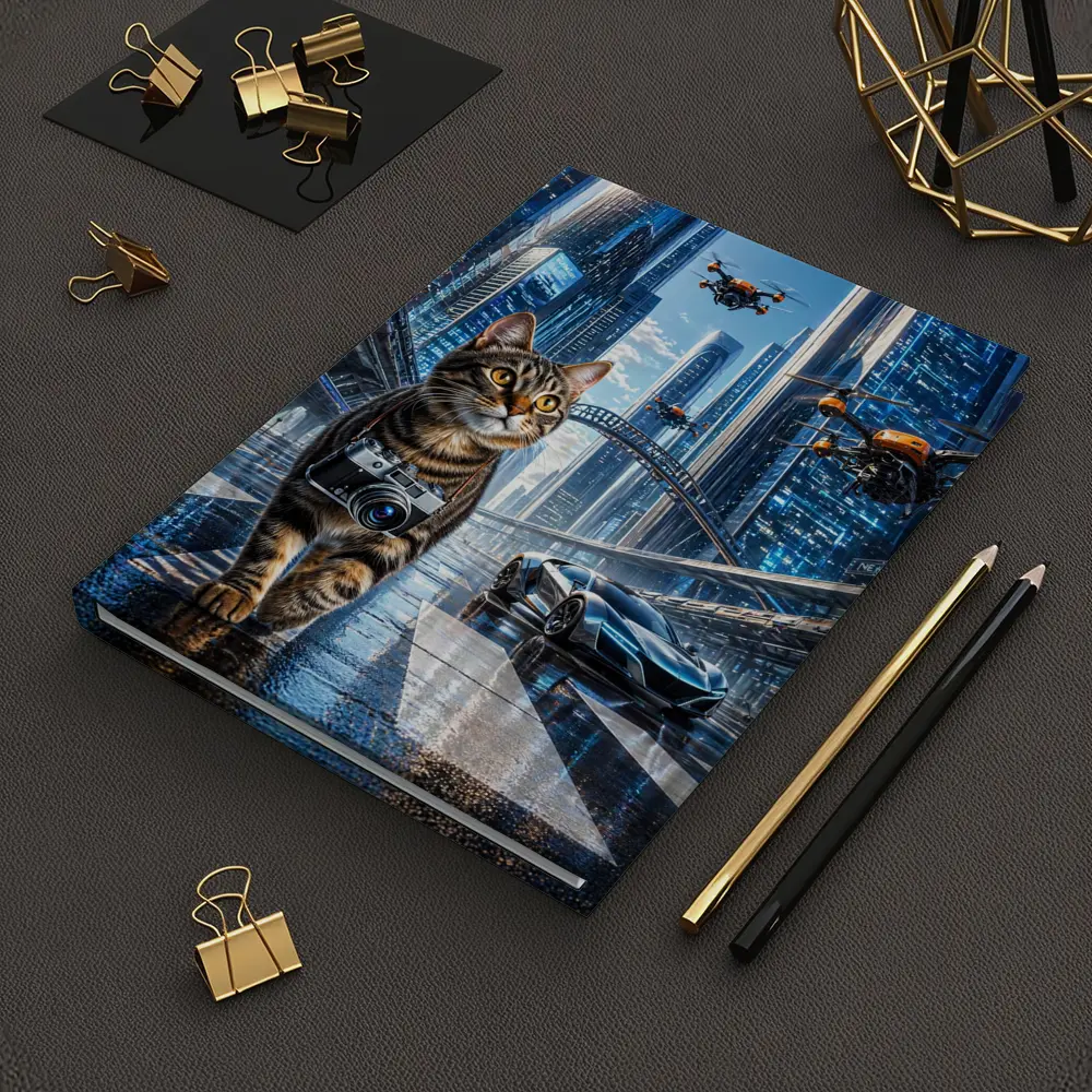 Tabby Cat Photographer Futuristic City Drones – Notebooks