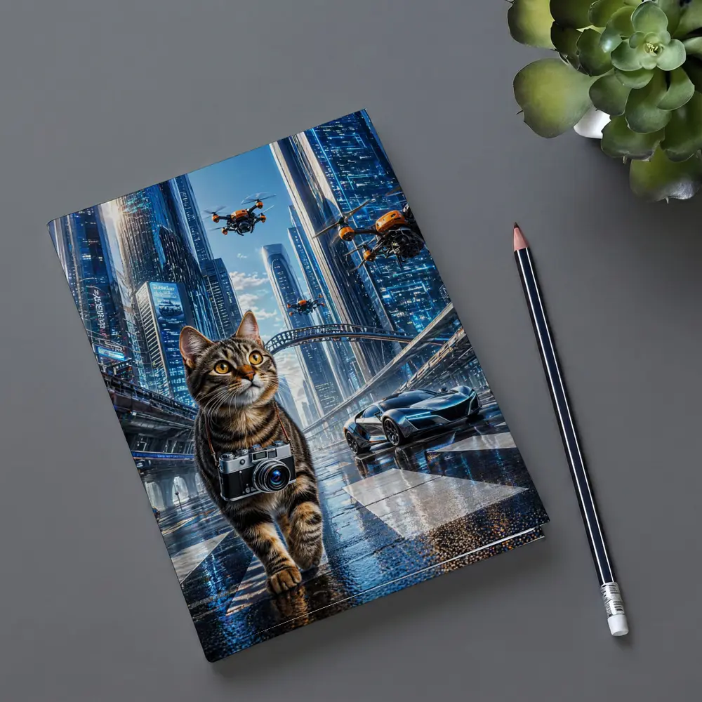 Tabby Cat Photographer Futuristic City Drones – Notebooks