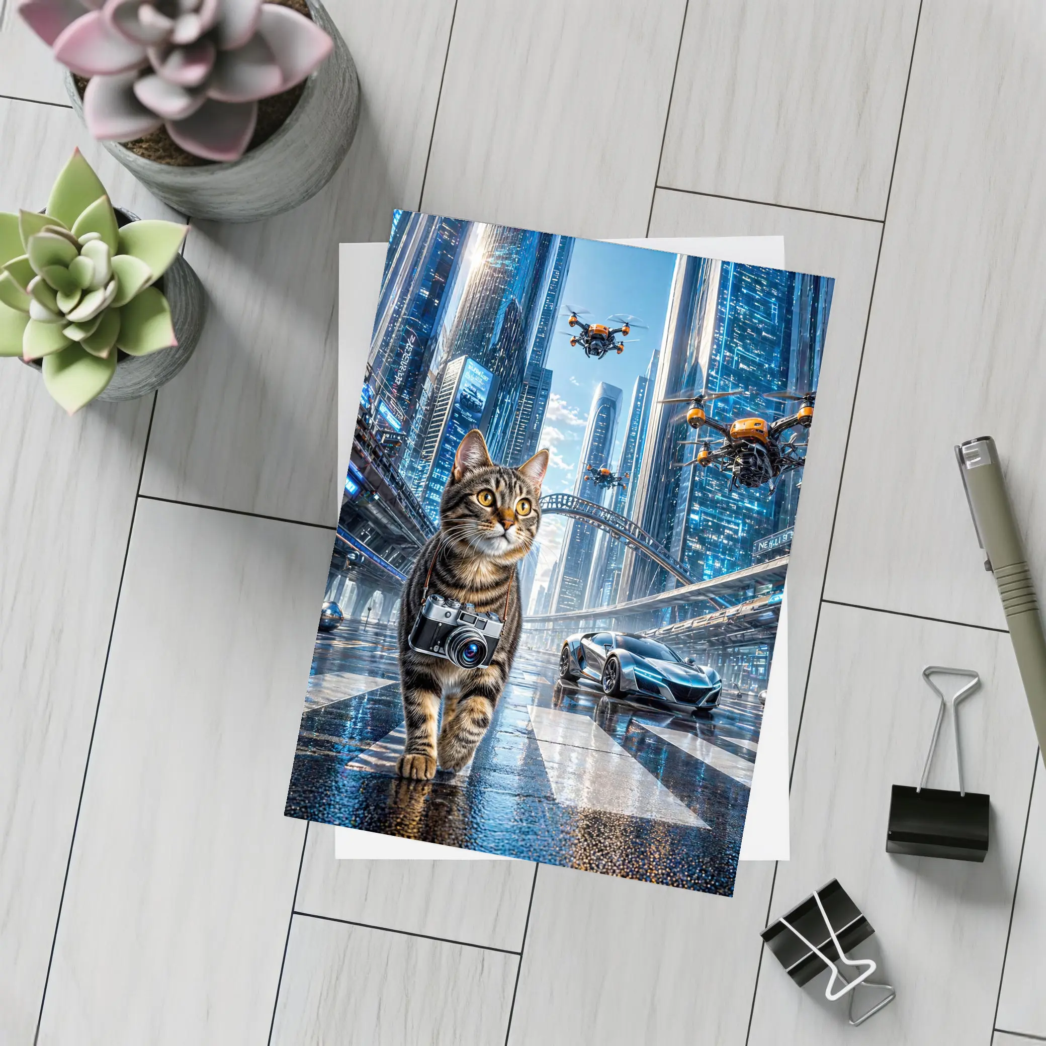 Tabby Cat Photographer Futuristic City Drones – Postcards