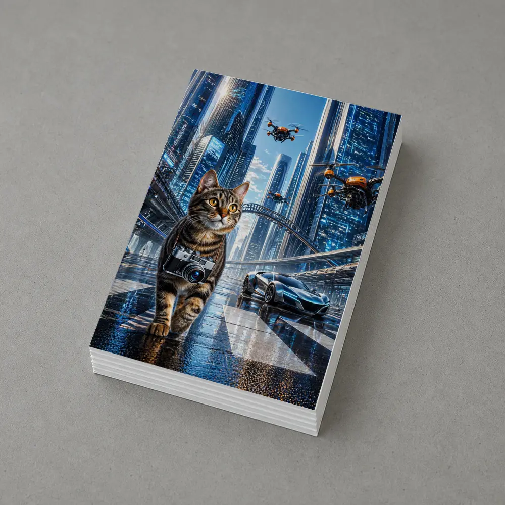 Tabby Cat Photographer Futuristic City Drones – Postcards