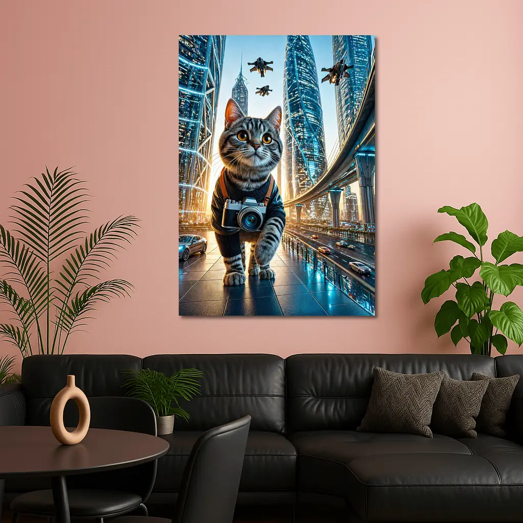 Tabby Cat Photographer Futuristic City Skyline – Wall Art