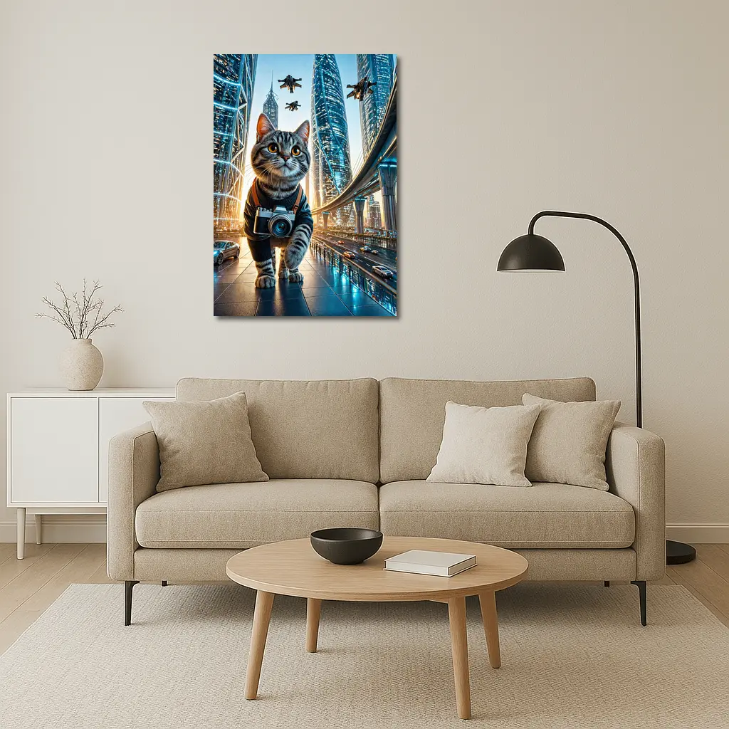Tabby Cat Photographer Futuristic City Skyline – Wall Art
