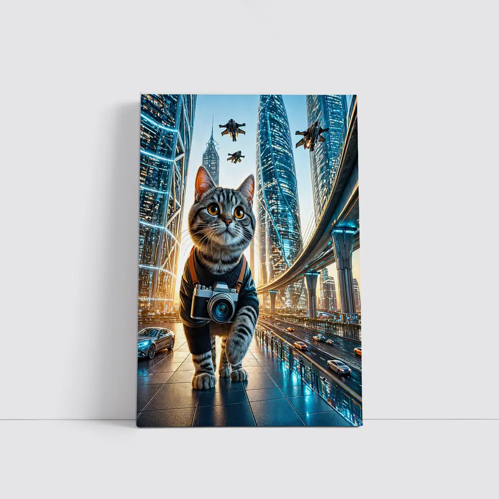 Tabby Cat Photographer Futuristic City Skyline – Wall Art