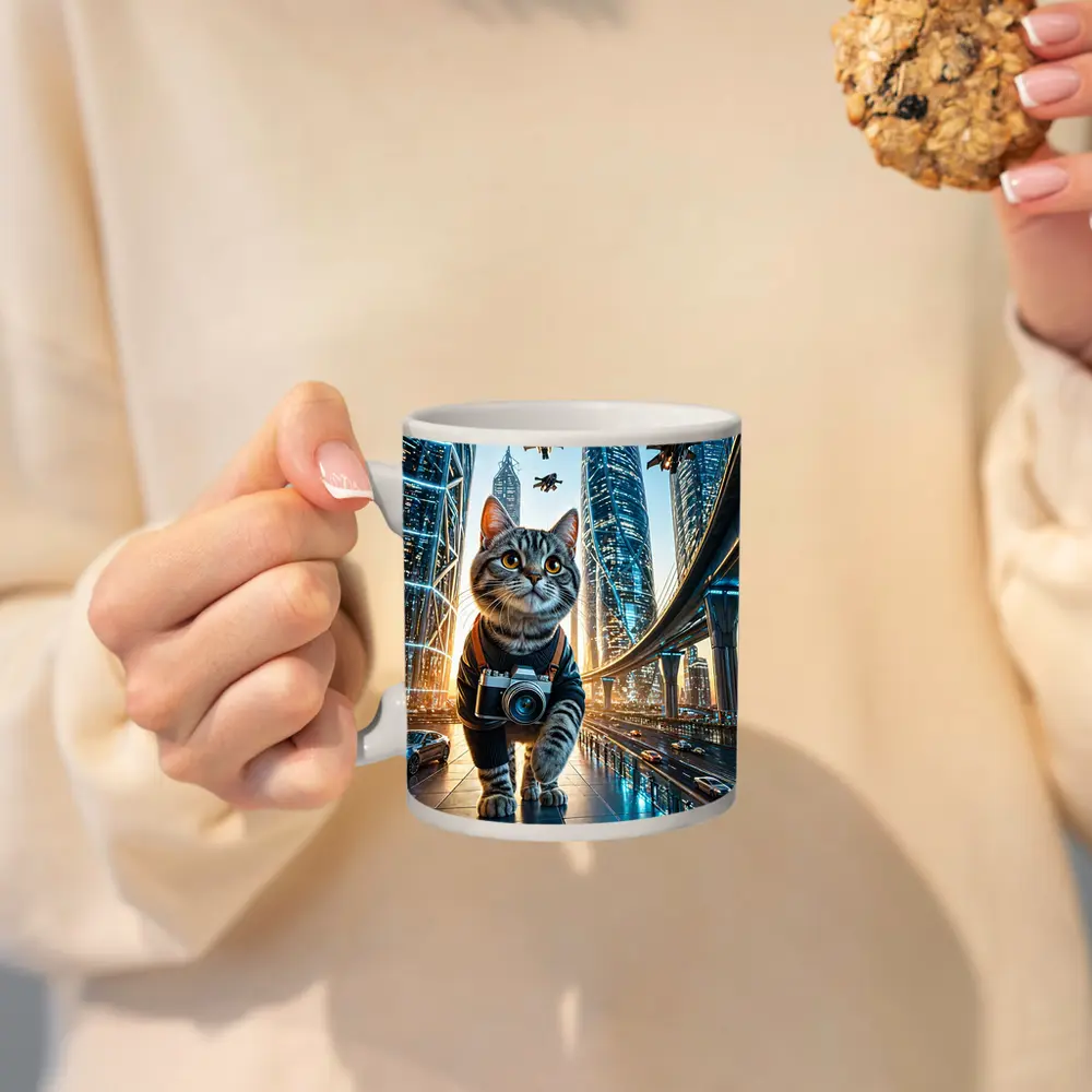 Tabby Cat Photographer Futuristic City Skyline – Mugs