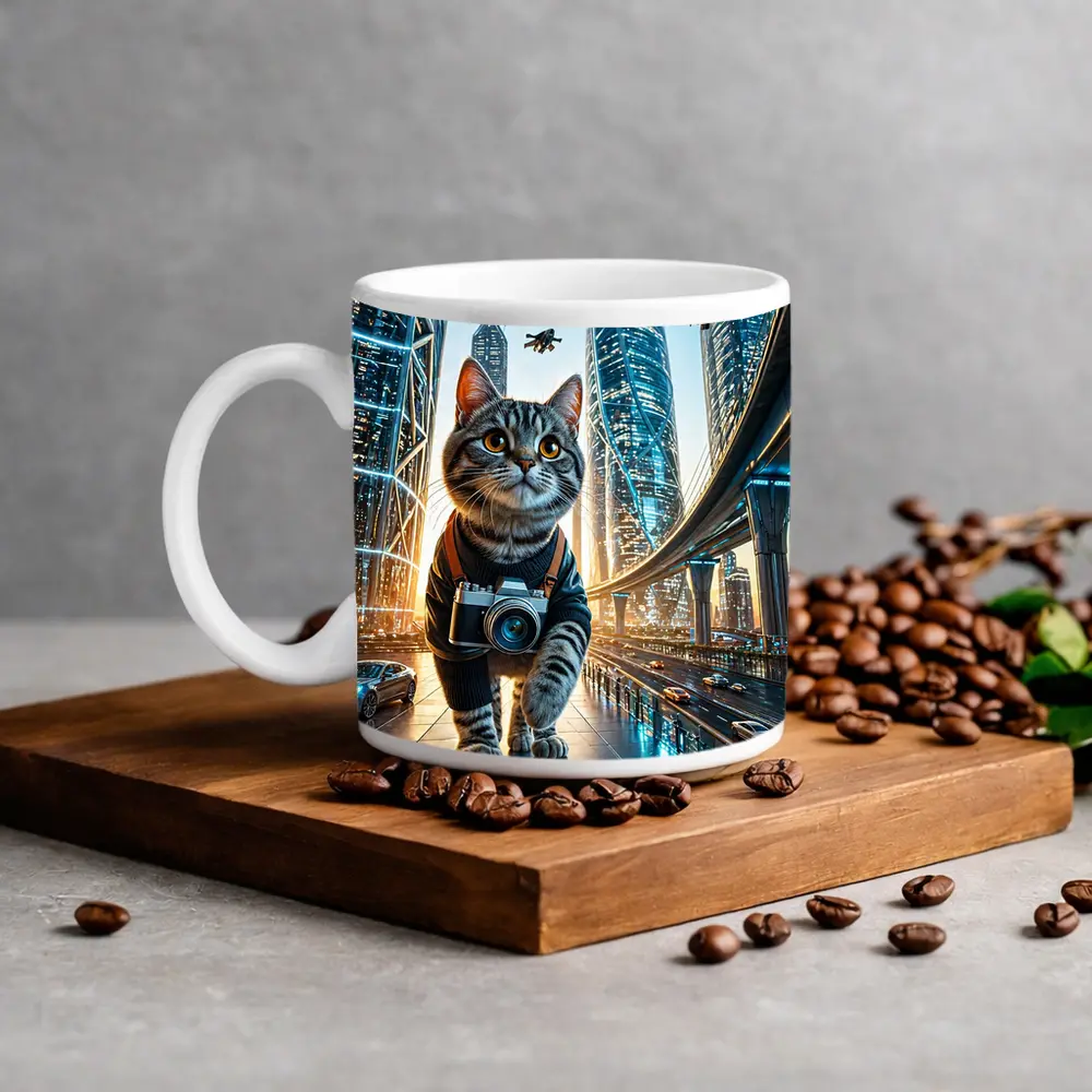 Tabby Cat Photographer Futuristic City Skyline – Mugs