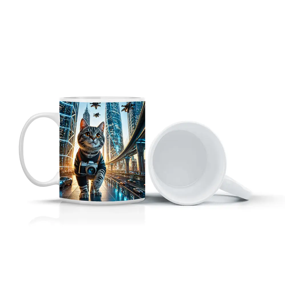 Tabby Cat Photographer Futuristic City Skyline – Mugs