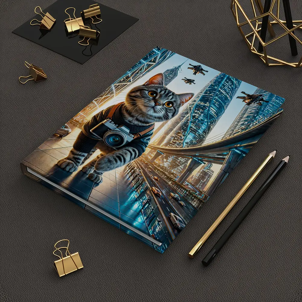 Tabby Cat Photographer Futuristic City Skyline – Notebooks