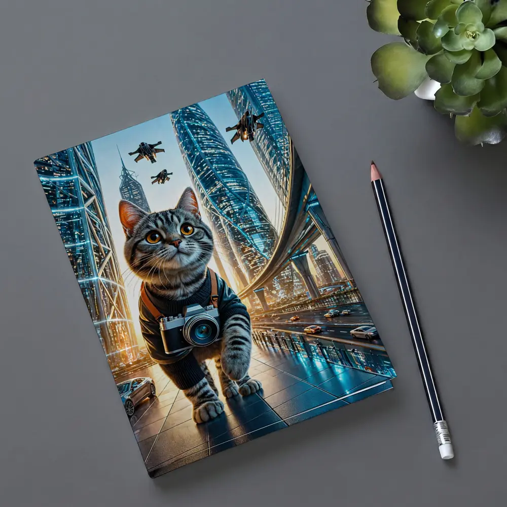 Tabby Cat Photographer Futuristic City Skyline – Notebooks