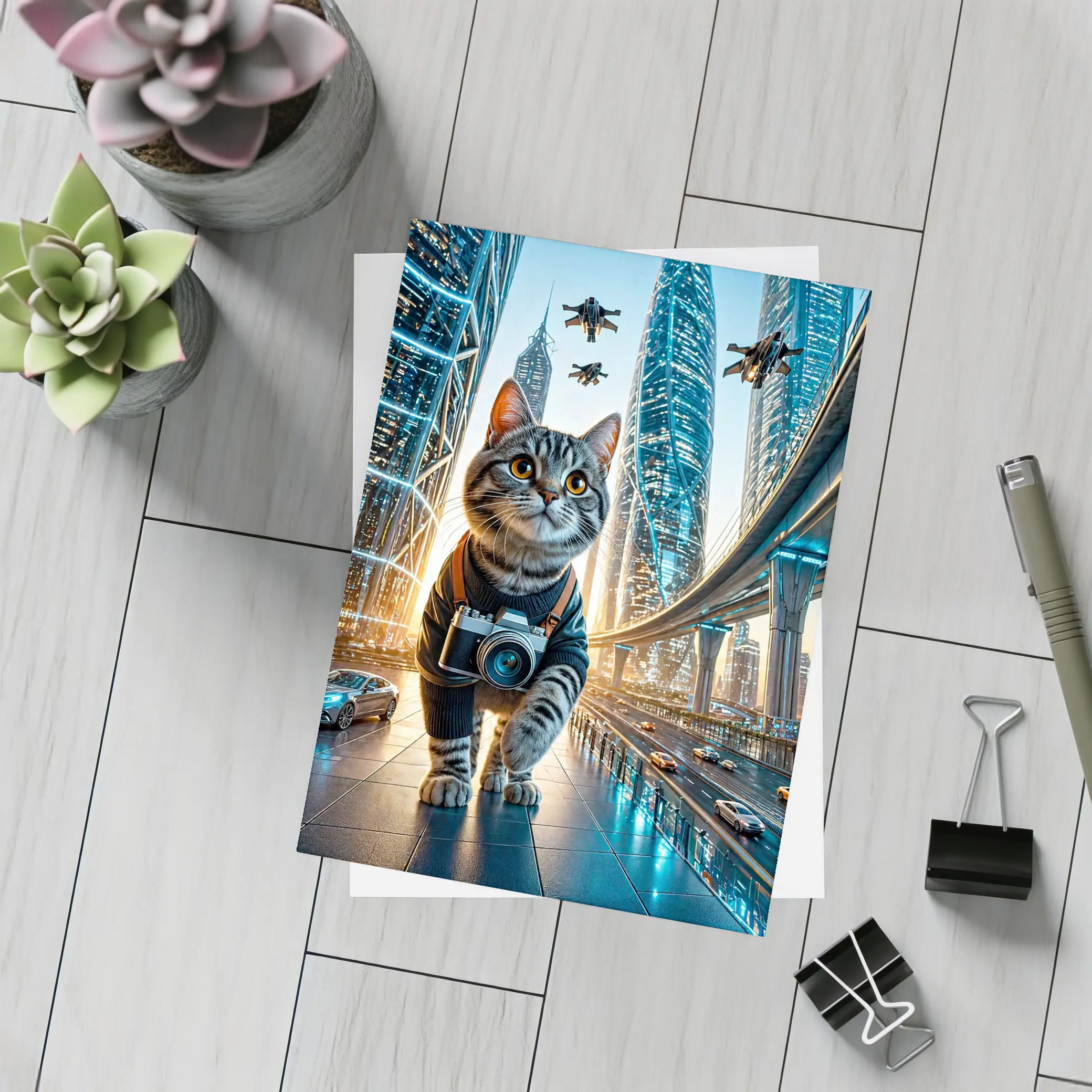 Tabby Cat Photographer Futuristic City Skyline – Postcards