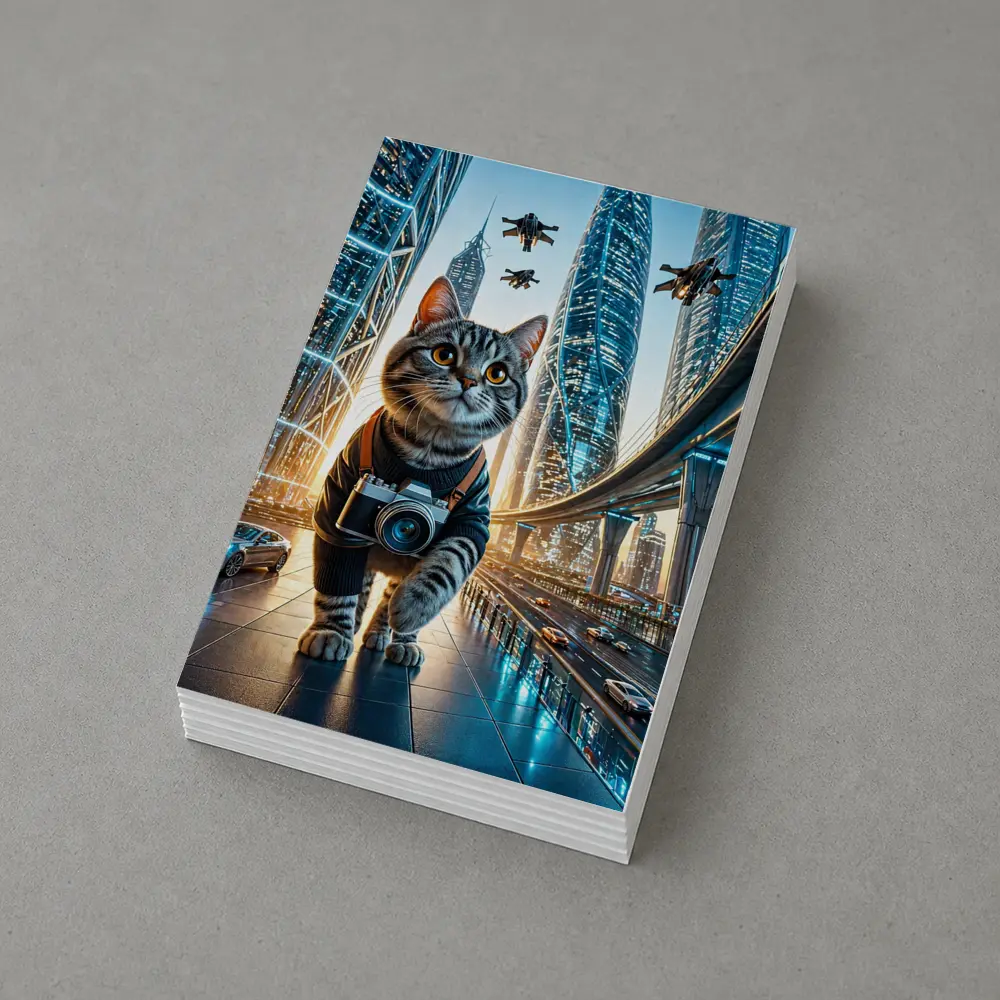 Tabby Cat Photographer Futuristic City Skyline – Postcards