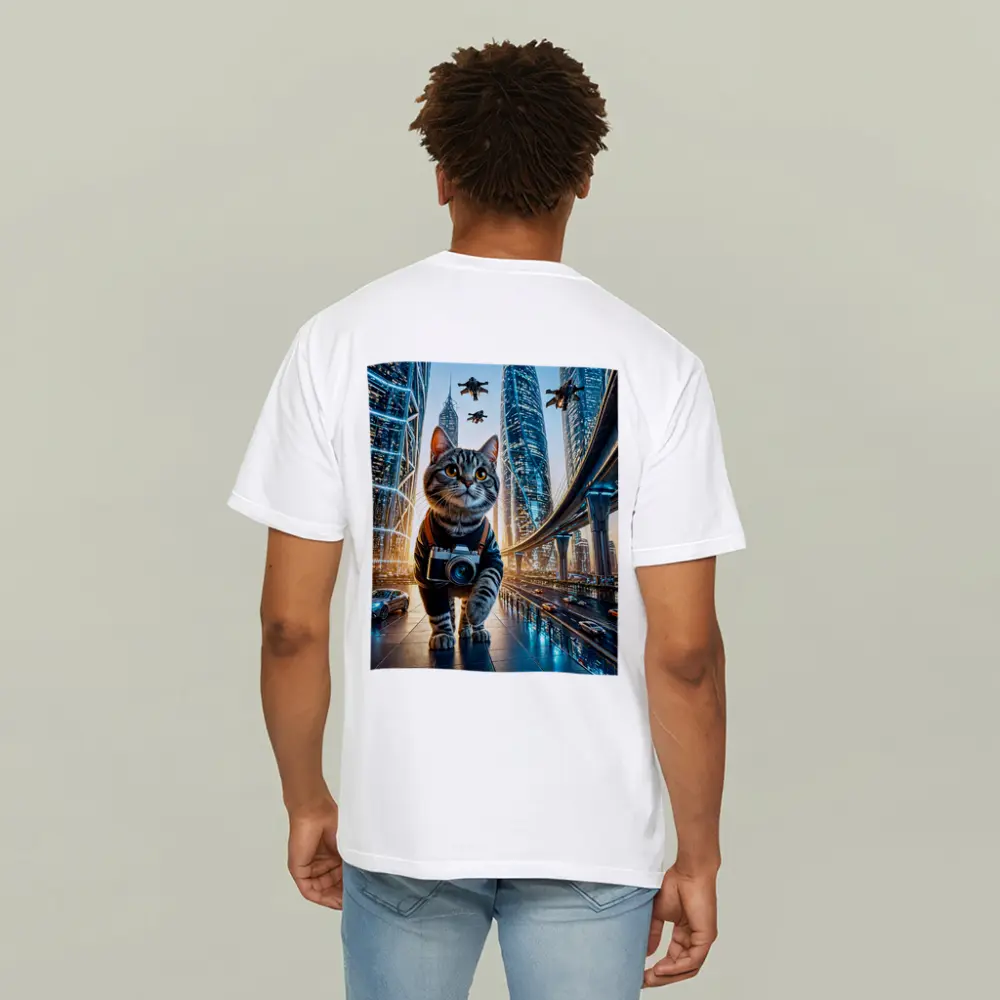 Tabby Cat Photographer Futuristic City Skyline – T-Shirts