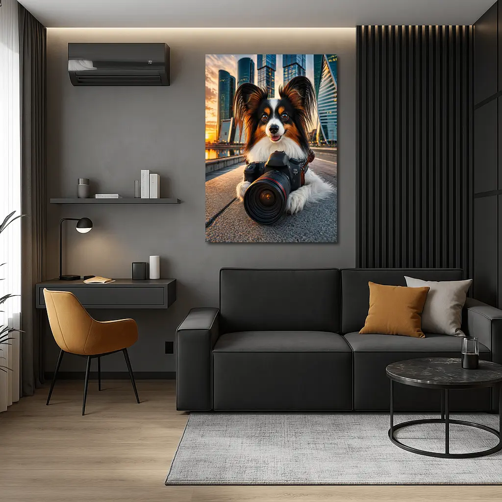 Papillon Dog With Camera City Skyline – Wall Art