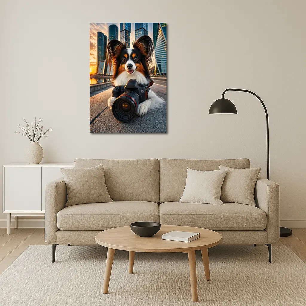 Papillon Dog With Camera City Skyline – Wall Art
