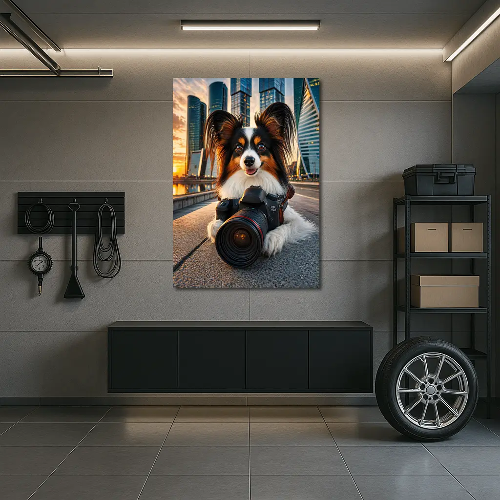 Papillon Dog With Camera City Skyline – Wall Art