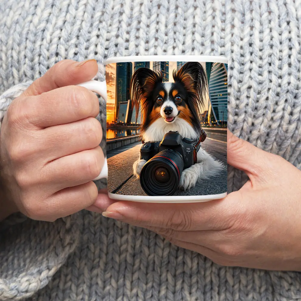 Papillon Dog With Camera City Skyline – Mugs