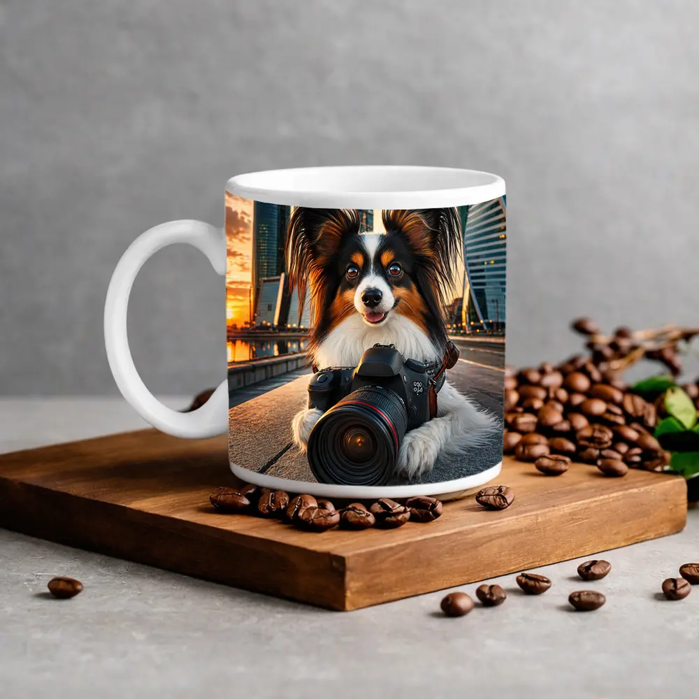Papillon Dog With Camera City Skyline – Mugs