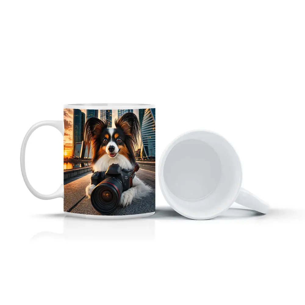 Papillon Dog With Camera City Skyline – Mugs