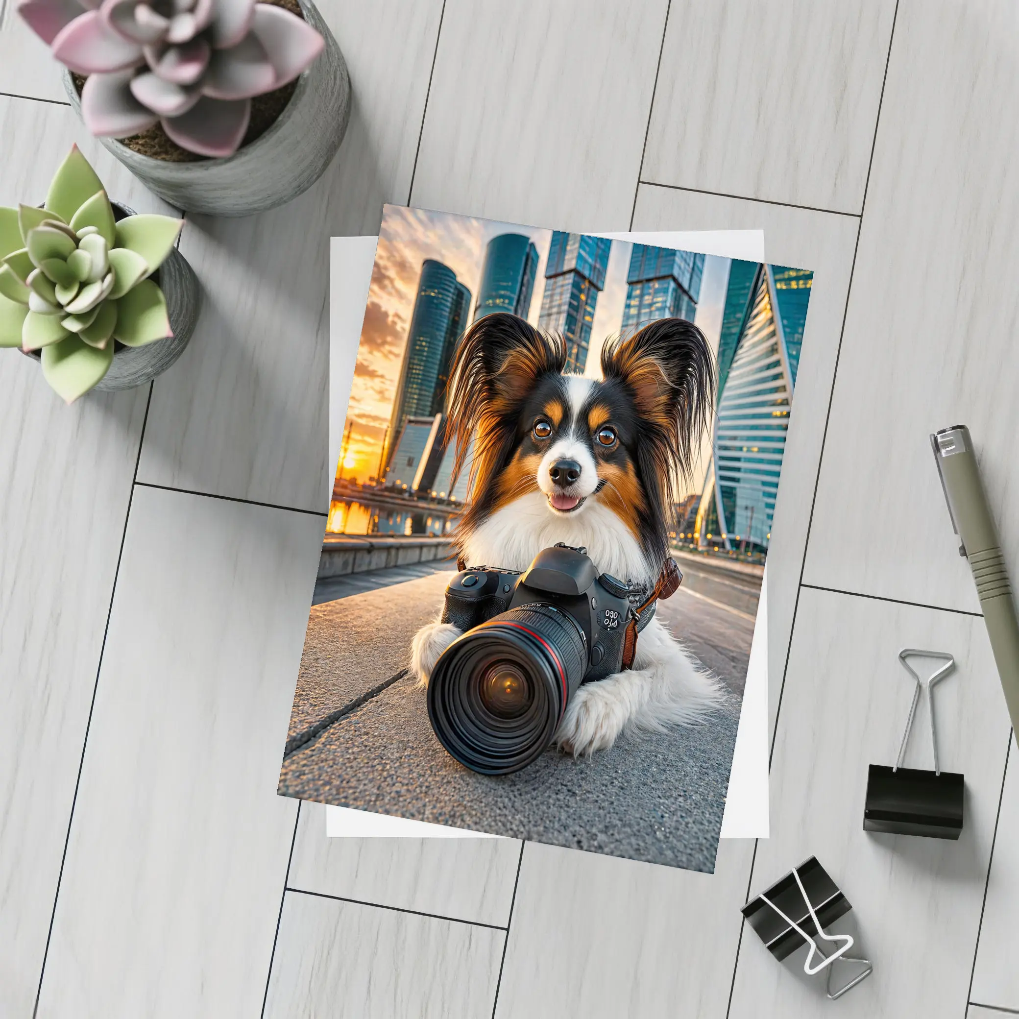 Papillon Dog With Camera City Skyline – Postcards