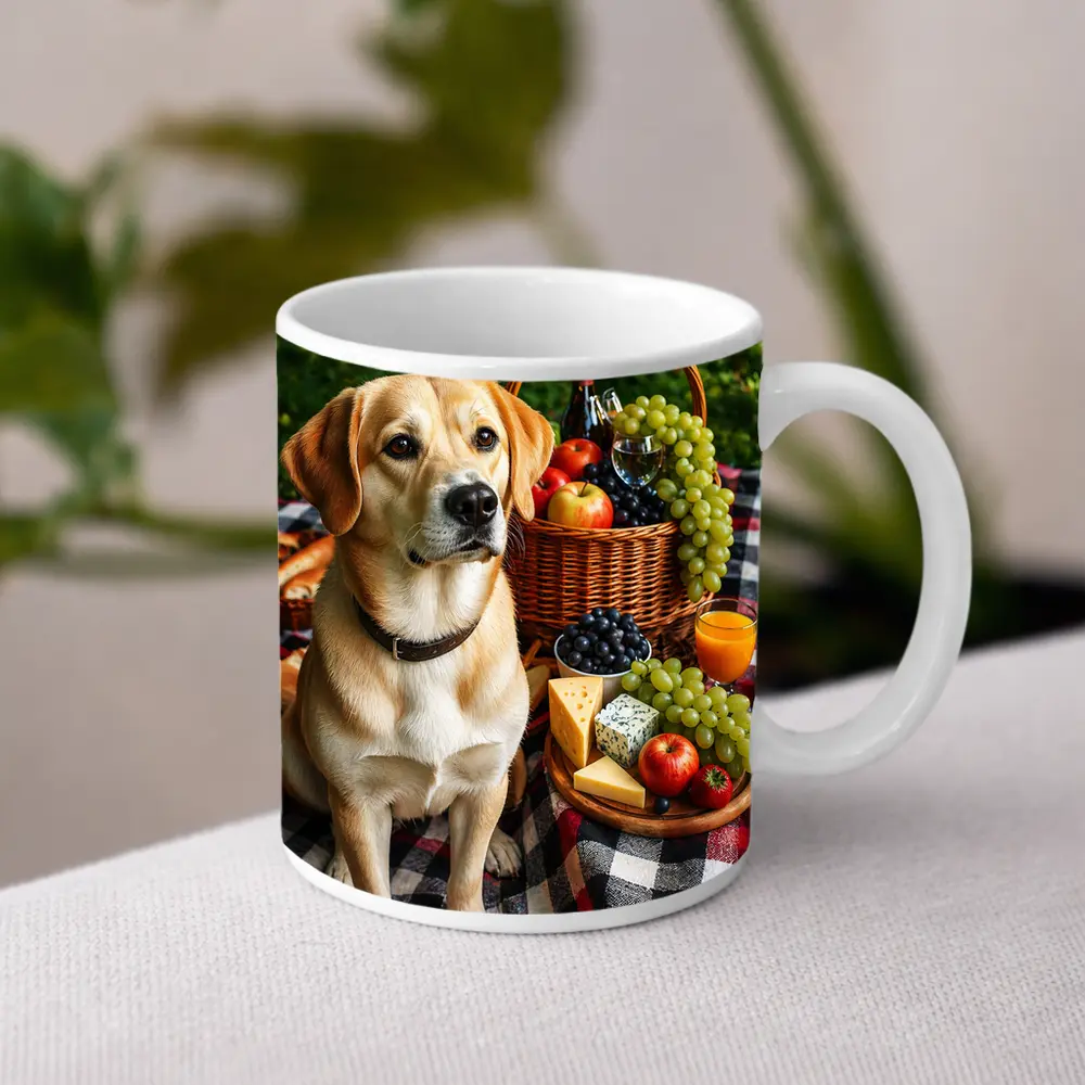 Labrador Retriever Picnic Plaid Blanket Cheese Fruit – Mugs