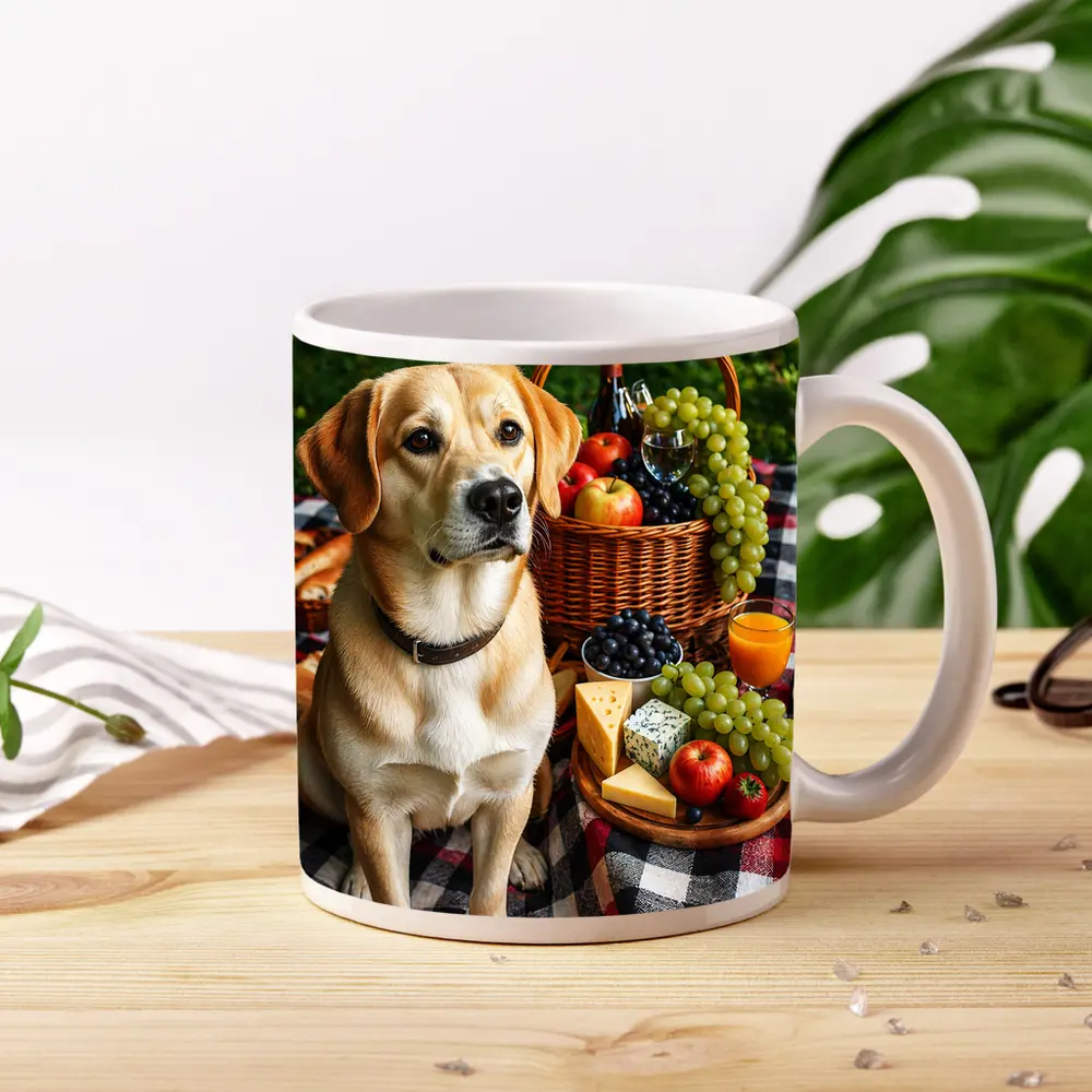 Labrador Retriever Picnic Plaid Blanket Cheese Fruit – Mugs