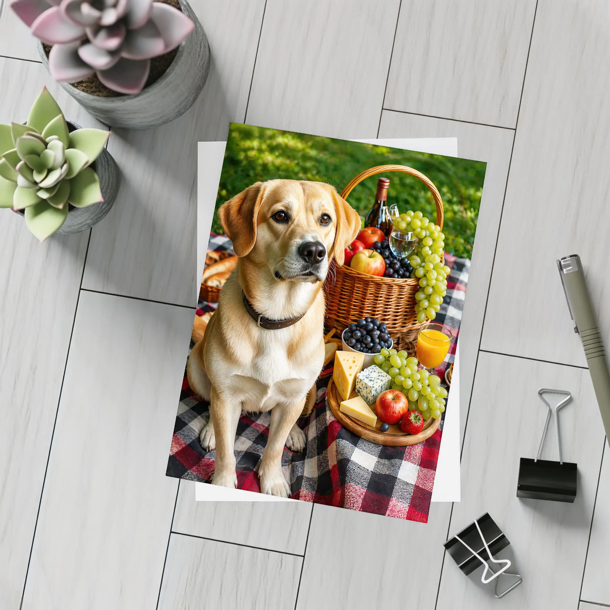 Labrador Retriever Picnic Plaid Blanket Cheese Fruit – Postcards