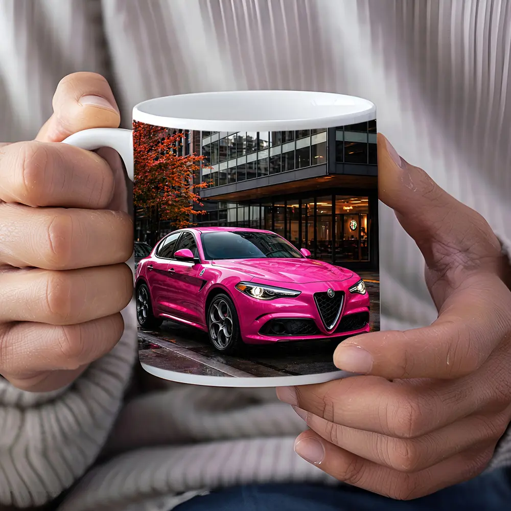 Pink Alfa Romeo Stelvio Rainy City Street – Mugs