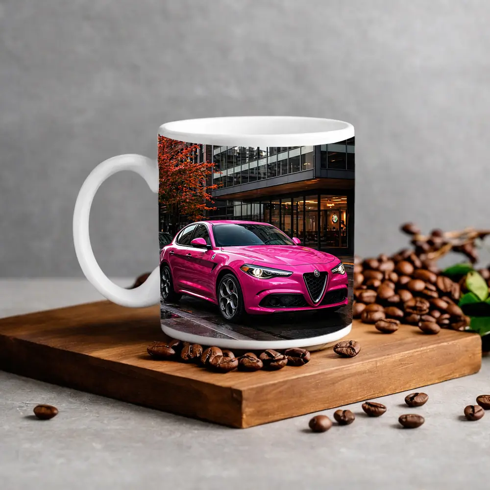 Pink Alfa Romeo Stelvio Rainy City Street – Mugs