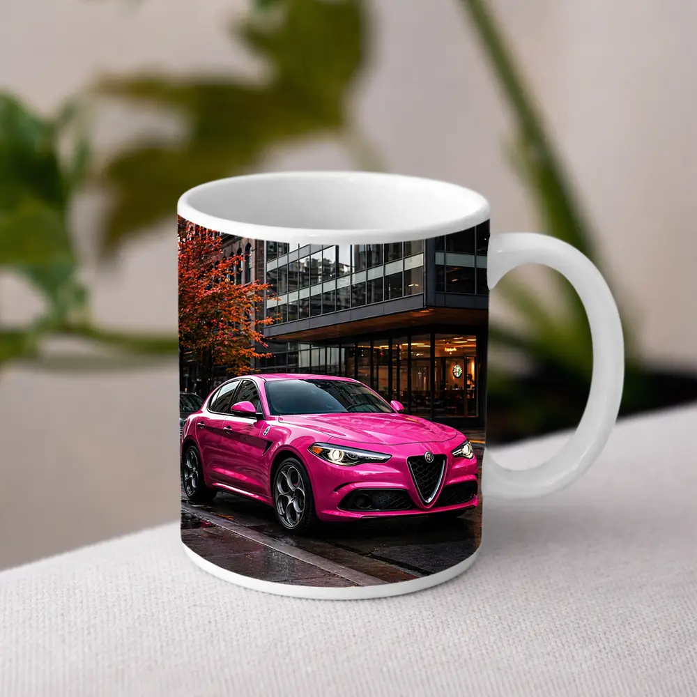 Pink Alfa Romeo Stelvio Rainy City Street – Mugs
