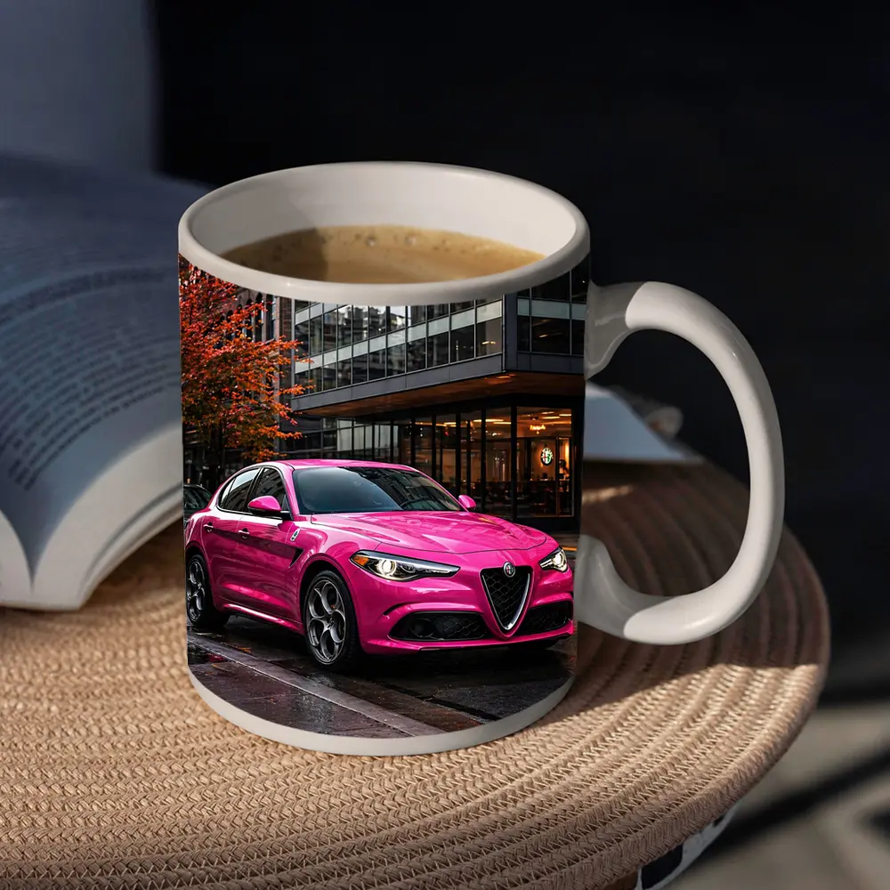 Pink Alfa Romeo Stelvio Rainy City Street – Mugs