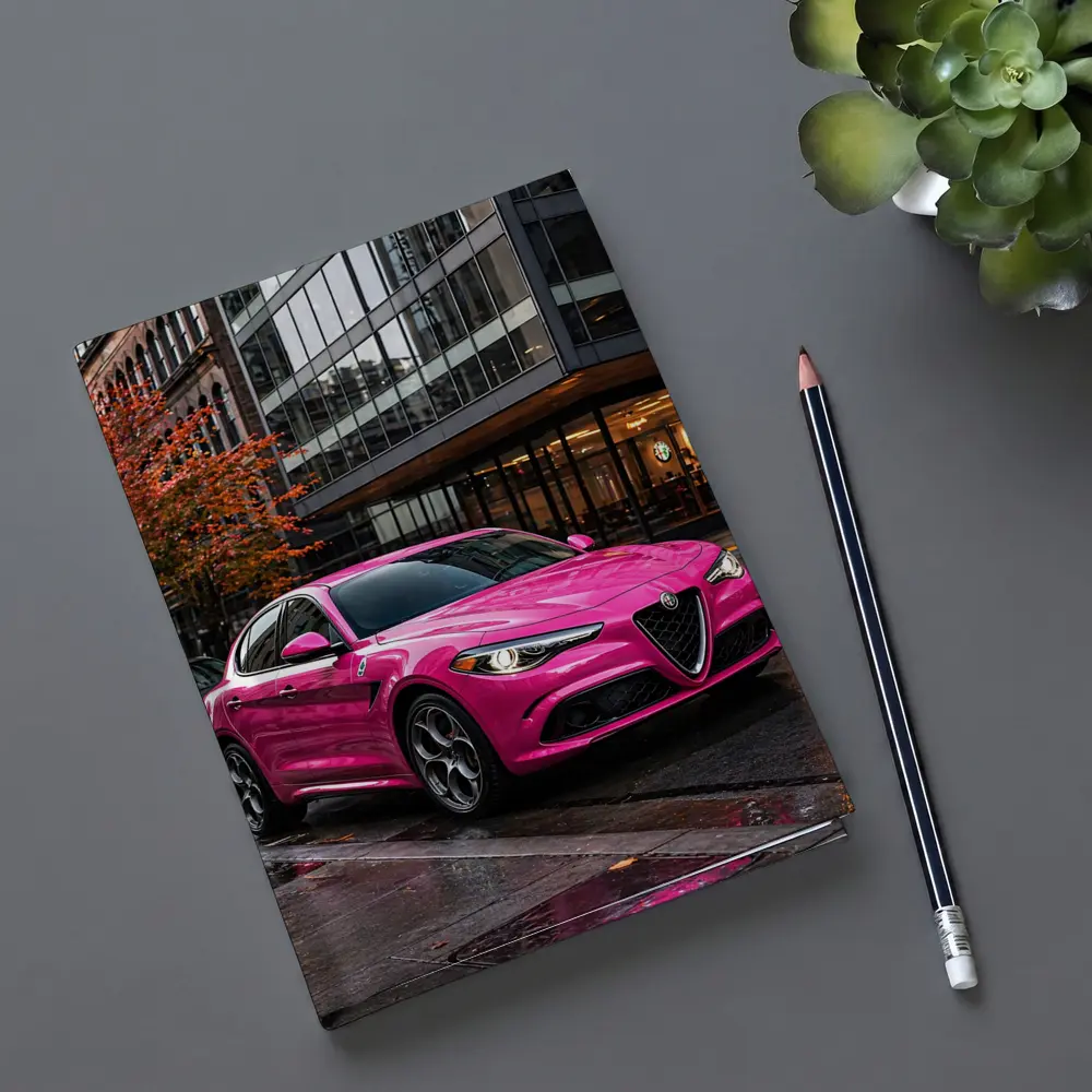 Pink Alfa Romeo Stelvio Rainy City Street – Notebooks