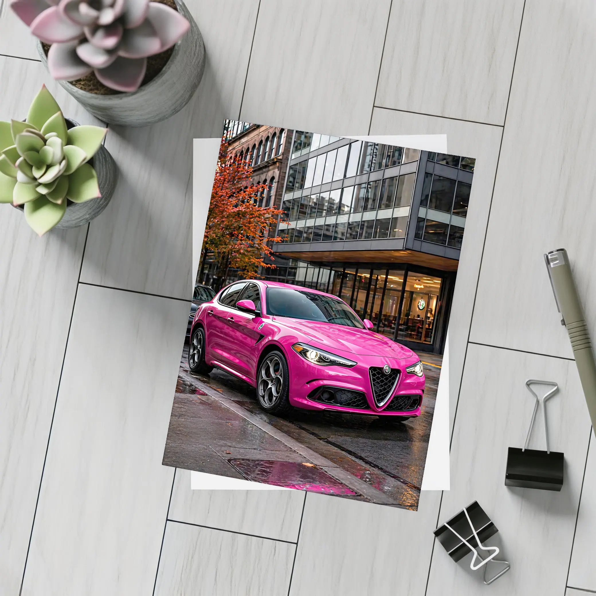 Pink Alfa Romeo Stelvio Rainy City Street – Postcards