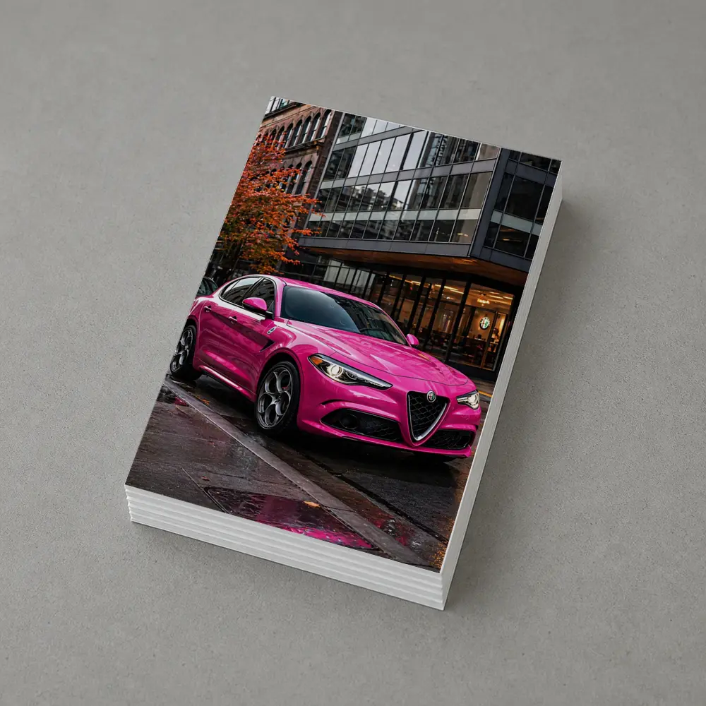 Pink Alfa Romeo Stelvio Rainy City Street – Postcards