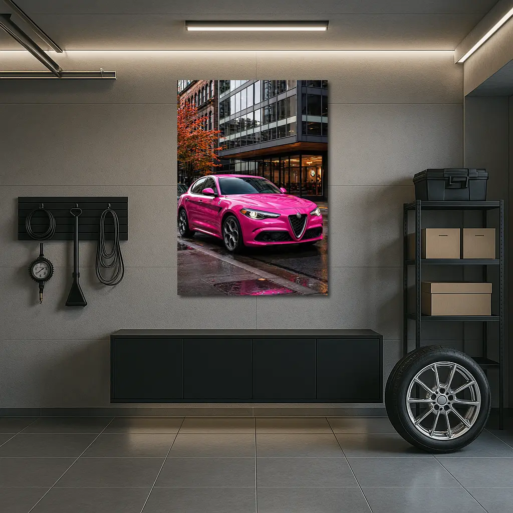 Pink Alfa Romeo Stelvio Rainy City Street – Wall Art