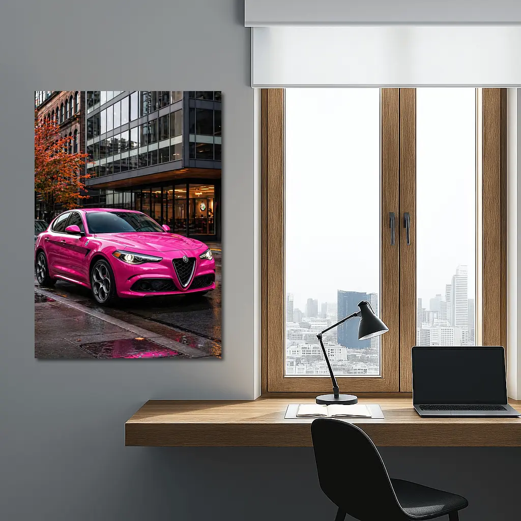Pink Alfa Romeo Stelvio Rainy City Street – Wall Art